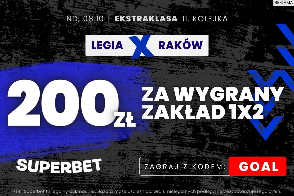 Kurs 100.00 na zakład 1X2 na mecz Legia - Raków