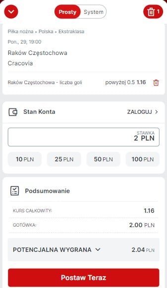 Raków - Cracovia kupon w Superbet na gola