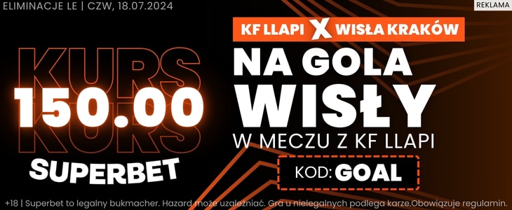 Superbet kurs 150.00 na gola Wisły Kraków z KF Llapi