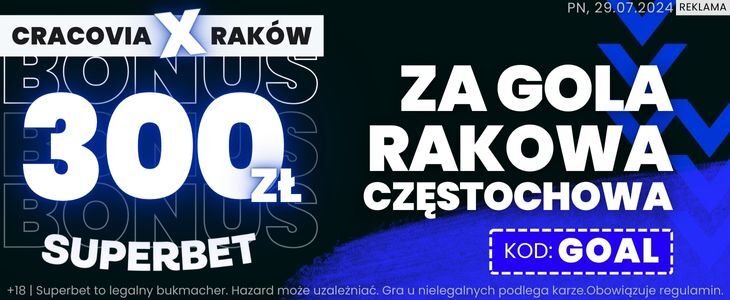 Promocja w Superbet 300 zł za gola Rakowa z Cracovią