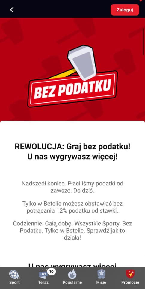 Betclic zakłady bez podatku