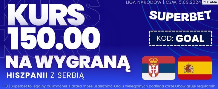 Promocyjny kurs 150.00 od Superbet na mecz Serbia - Hiszpania