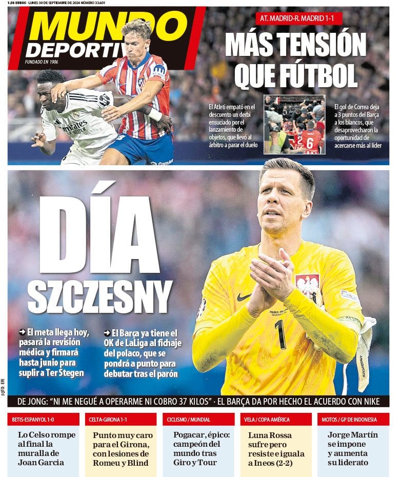 Okładka poniedziałkowego wydania Mundo Deportivo