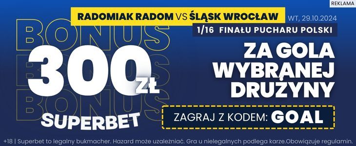 Radomiak Radom - Śląsk Wrocław: 300 zł za gola wybranej drużyny