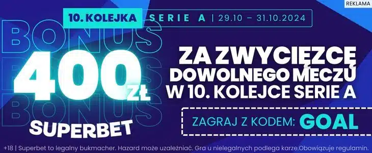 10. kolejka Serie A: 400 zł bonusu za typ na zwycięzcę meczu