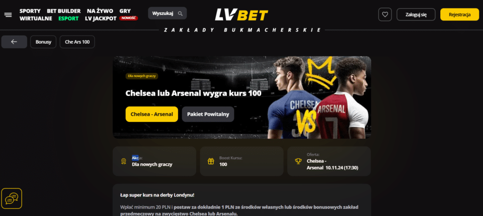 Strona promocyjna oferty LV BET na mecz Chelsea - Arsenal