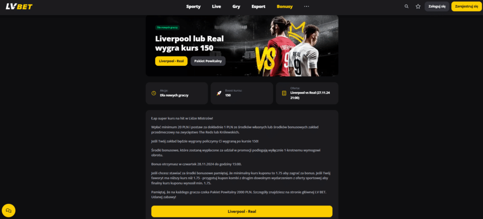 Podstrona promocji LV BET na mecz Liverpool - Real