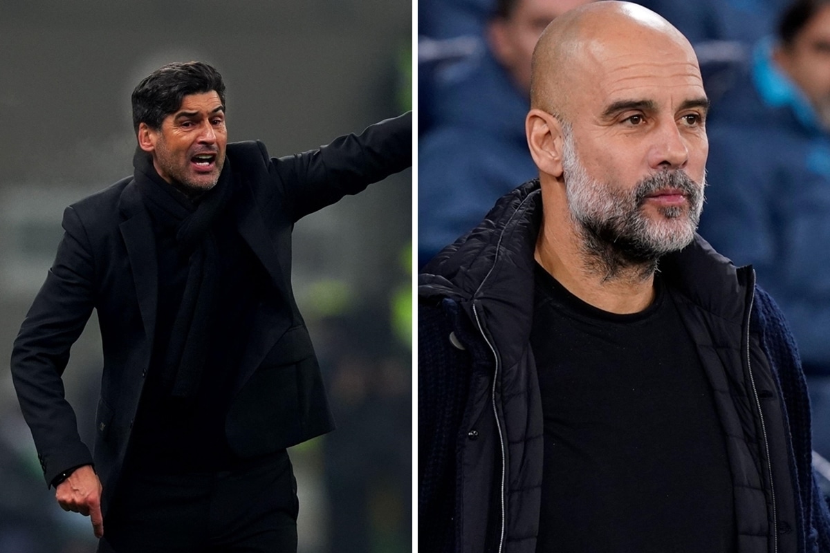 Paulo Fonseca (trener Milanu) i Pep Guardiola (trener Manchesteru City)